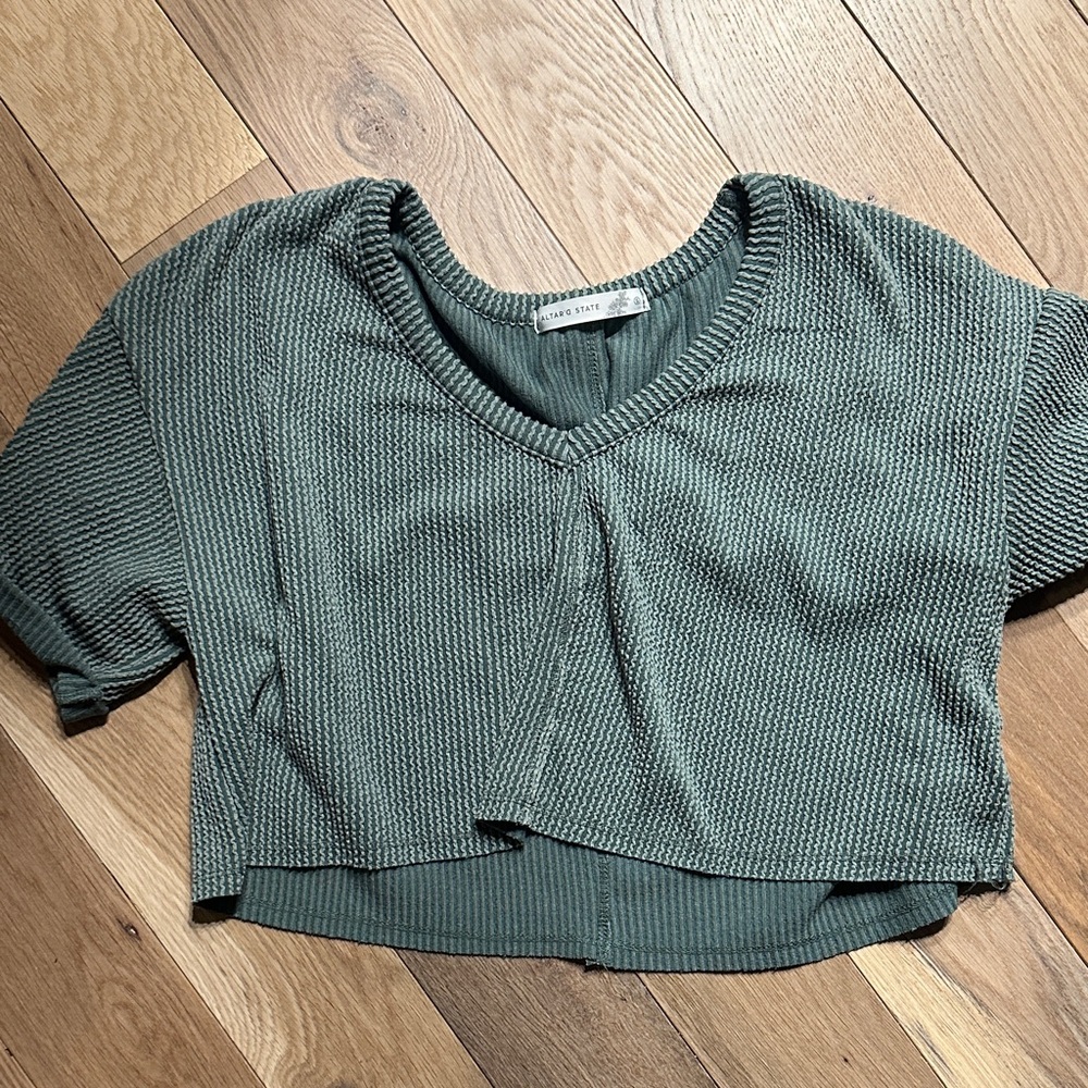 Altar’d State Cropped Waffle V-Neck Top in Olive Green